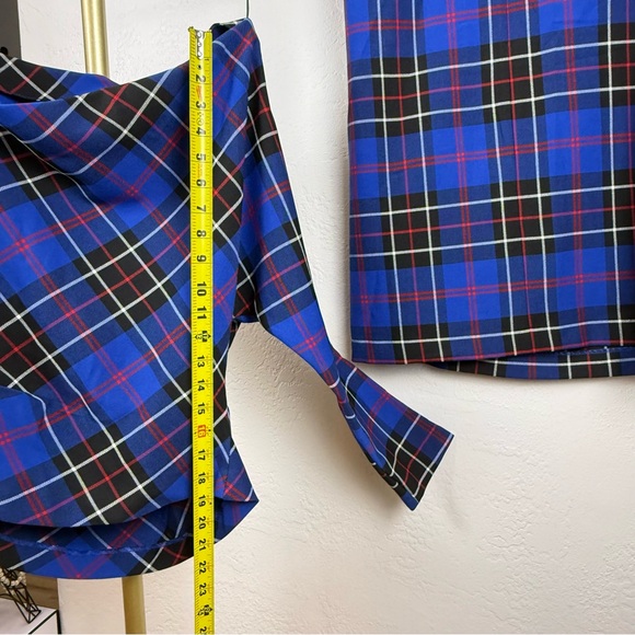 ZARA Blue Plaid Asymmetrical Set/Off-The-Shoulder Top & Ruched Slit Midi Skirt - Picture 11 of 16